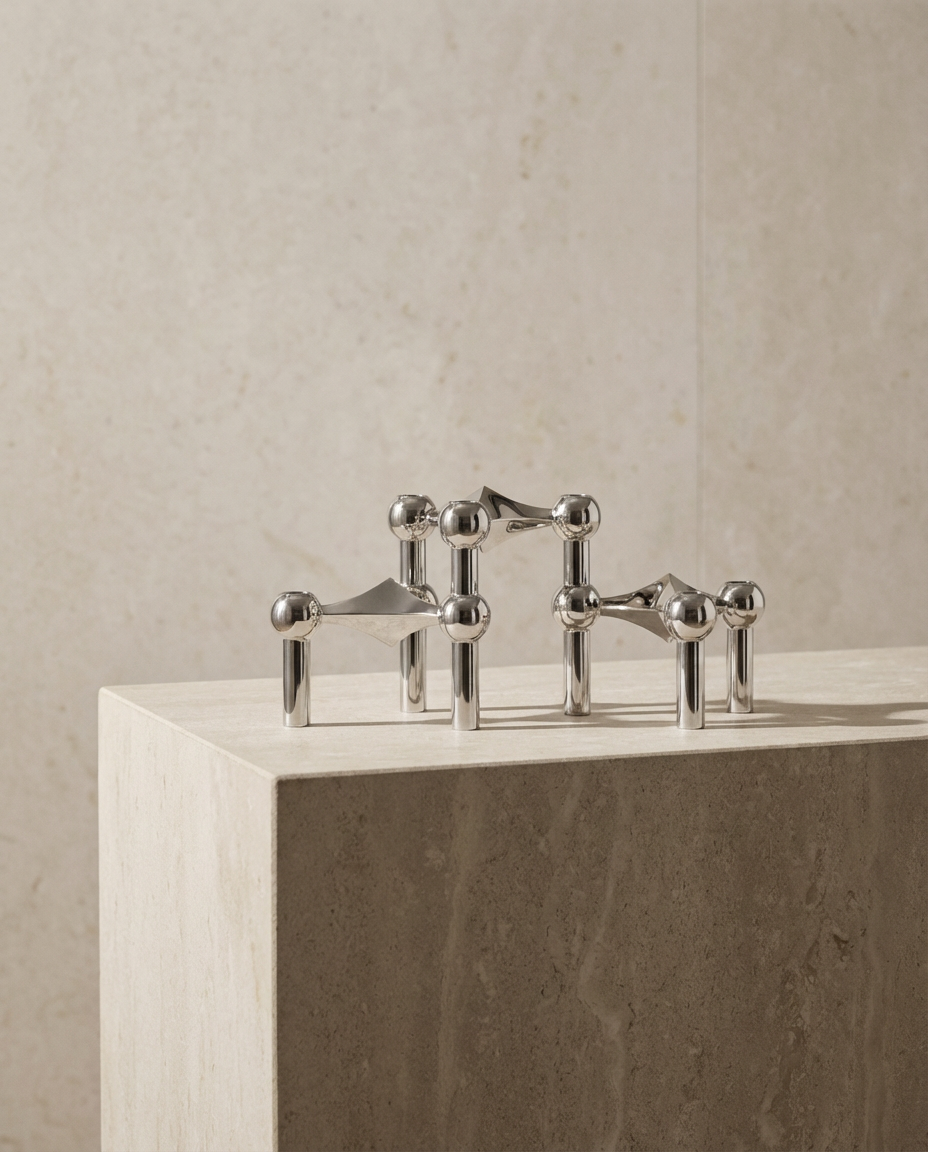 Set of metallic sculptures on a neutral background