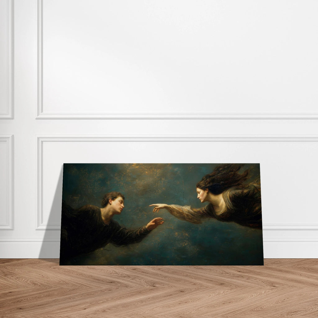 oil style landscape painting of a man reaching toward a woman in an ethereal scene, romantic figurative artwork inspired by classical frescoes, symbolising longing and emotional distance