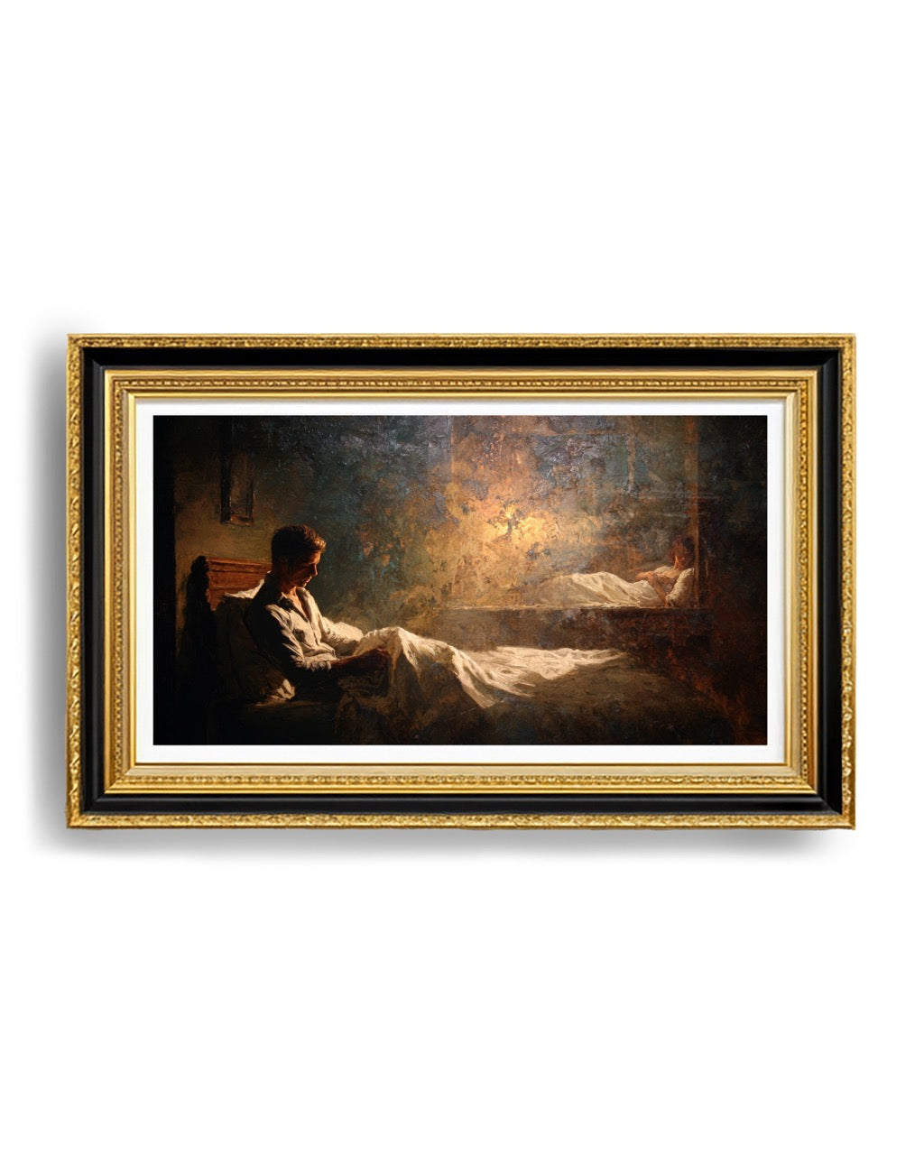 romantic oil style figurative painting showing a man in lamplight and a woman in shadow, cinematic artwork exploring loneliness, emotional distance and modern relationships