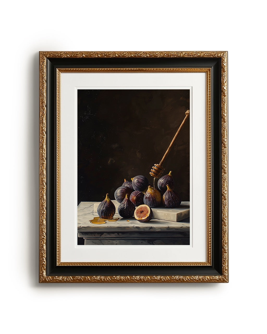oil style still life painting of figs on marble with honey dripping from a wooden dipper, dark background and rich classical lighting
