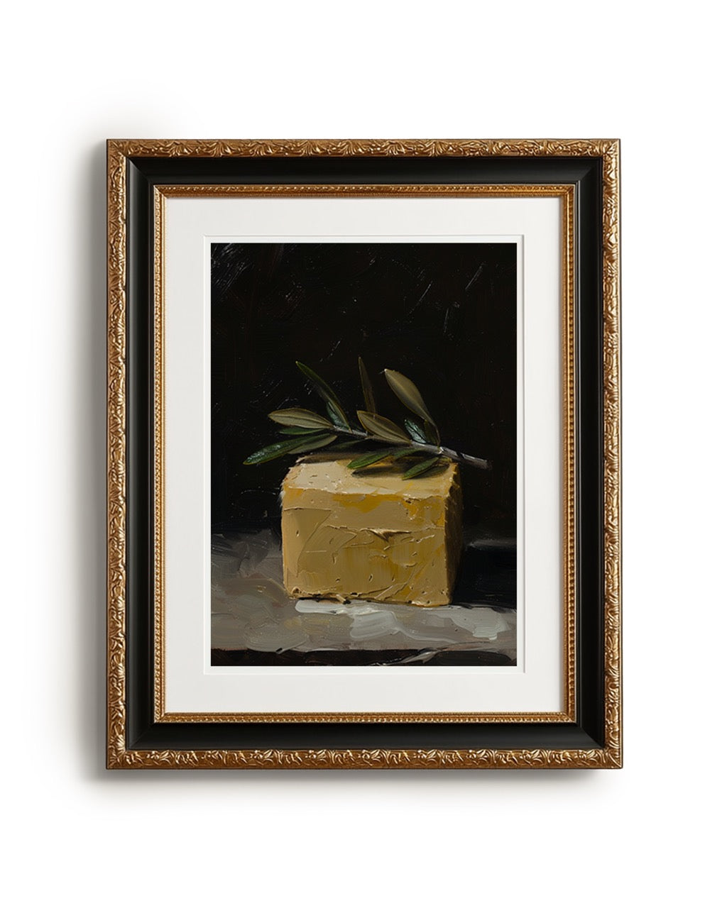 oil style still life painting of a butter block topped with an olive branch on a dark background, classical textured artwork with warm light