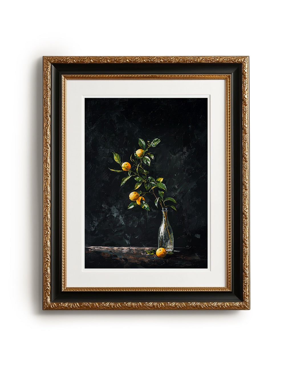 oil style still life painting of a lemon branch in a glass bottle on a dark background, classical textured artwork with vivid yellow citrus