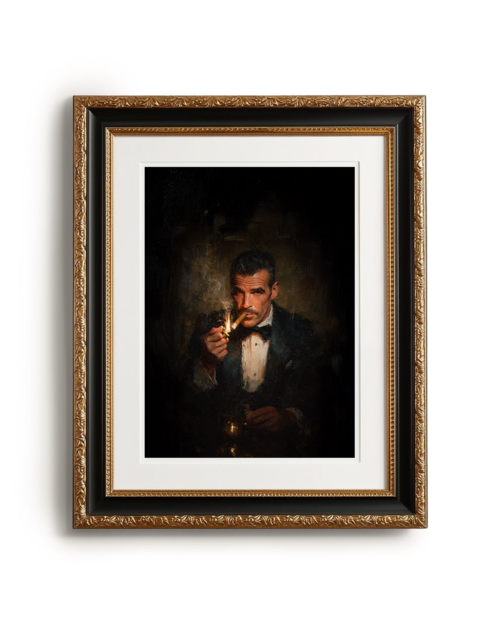 Framed artwork of a man in a tuxedo holding a cigarette on a white background