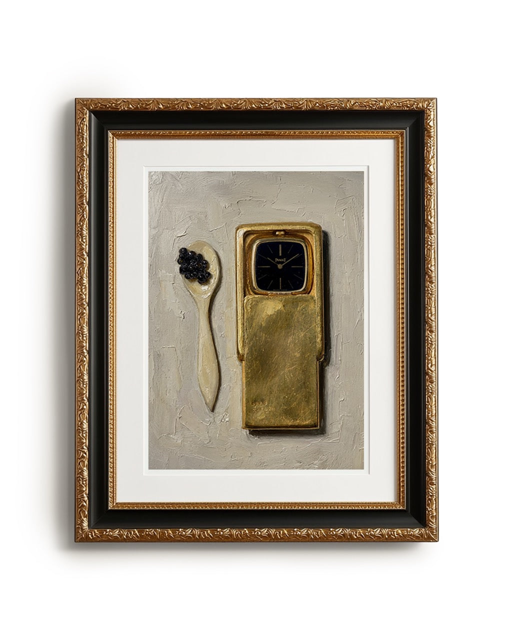 Framed artwork with a spoon, blackberries, and a gold phone on a textured surface.
