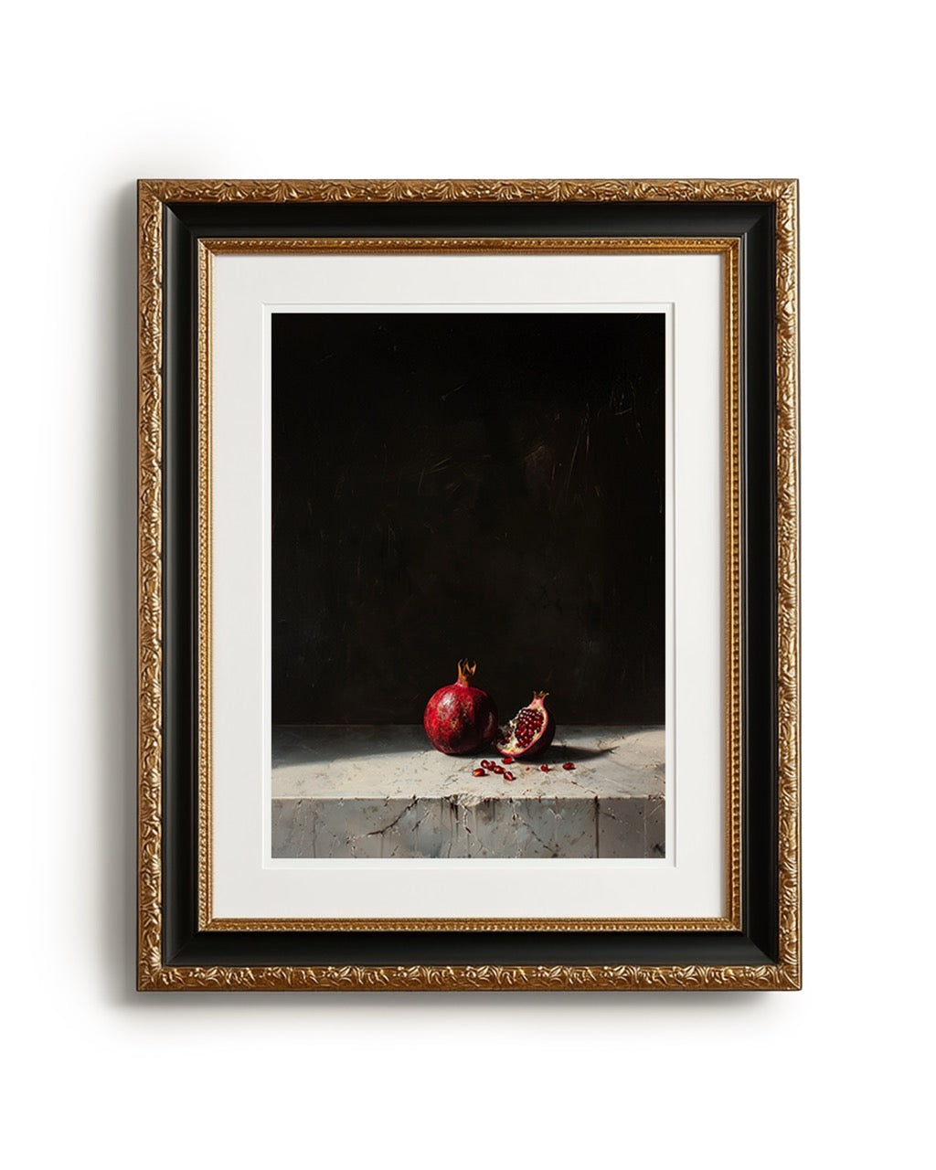 Framed still life artwork with pomegranates on a dark background