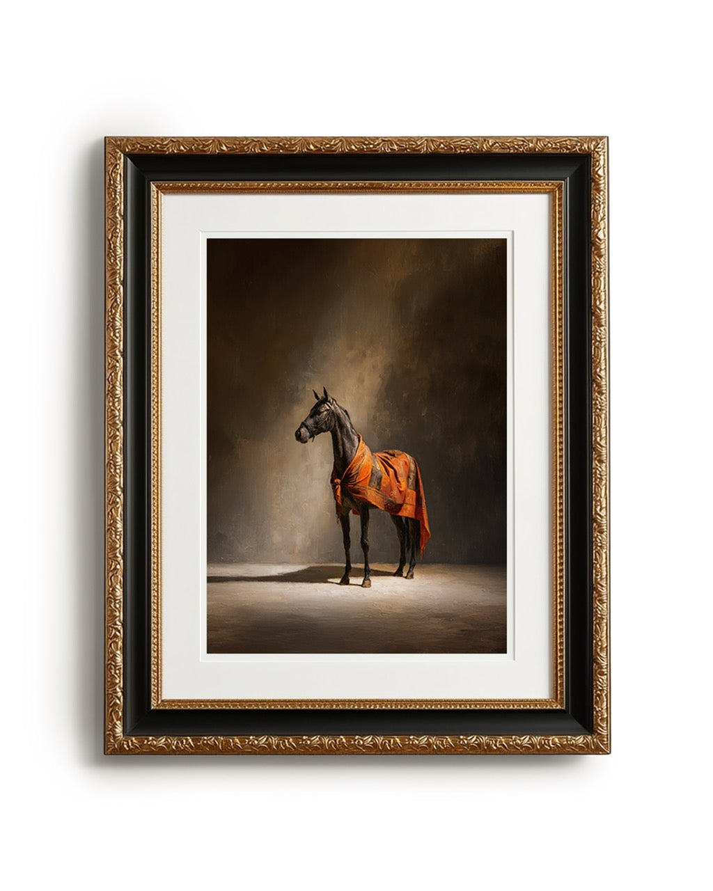 Framed artwork of a horse with an orange blanket on a dark background