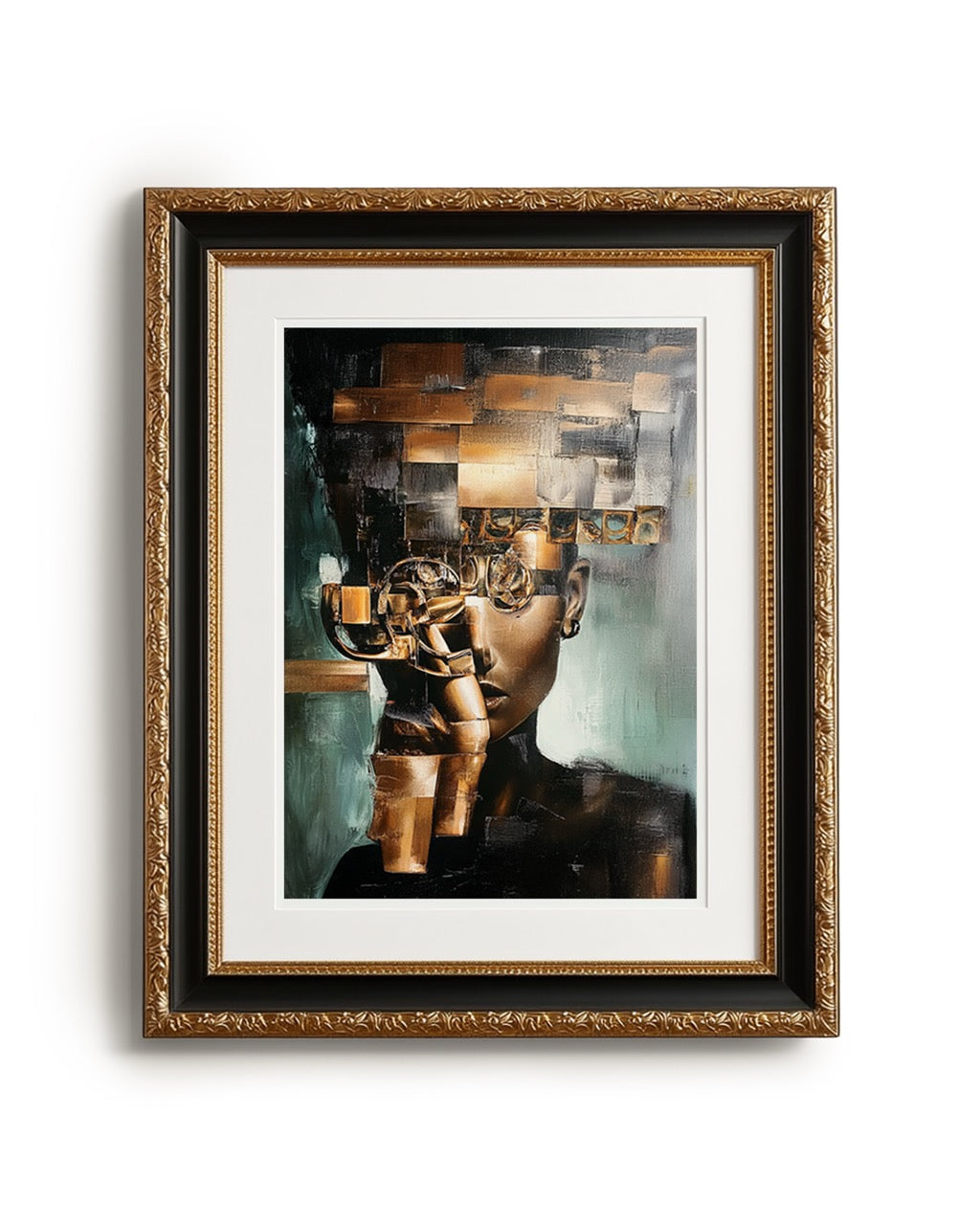 Abstract portrait of a woman with geometric gold elements and metallic textures covering part of her face.