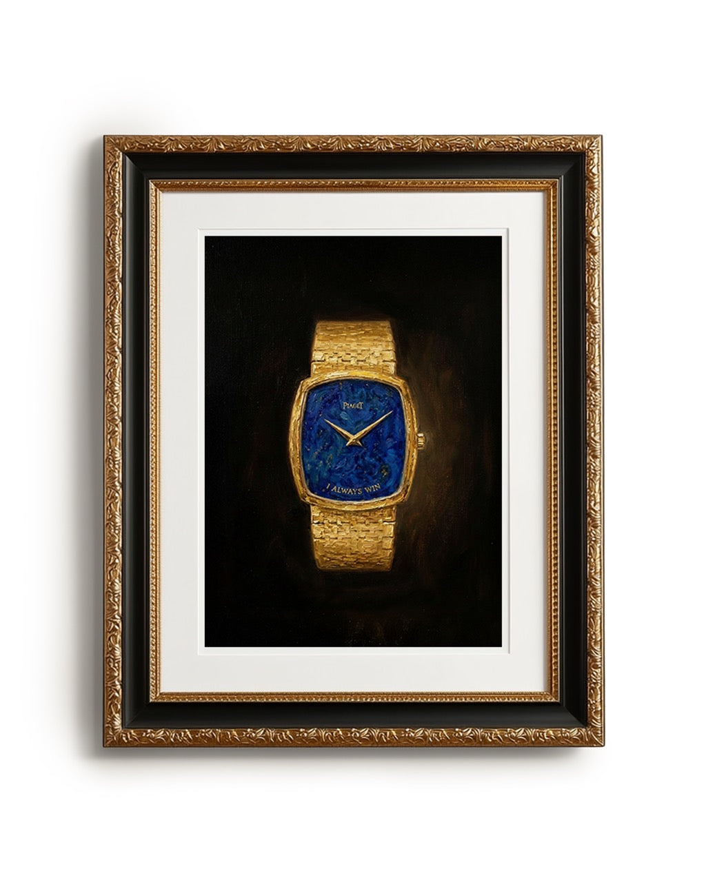 Gold watch with blue face in a decorative frame on a white background