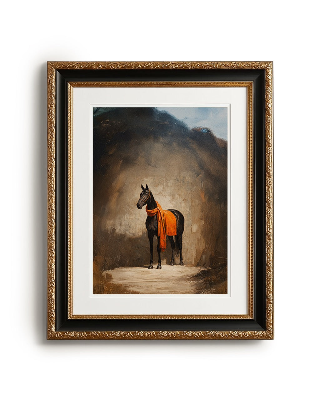 Framed artwork of a horse with an orange blanket in a dimly lit setting