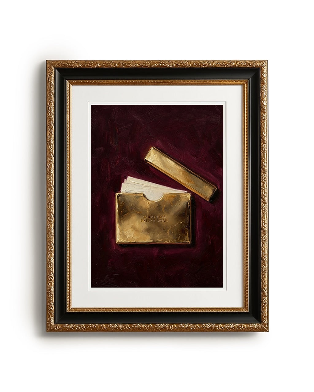Framed artwork of a gold wallet and gold bar on a dark background
