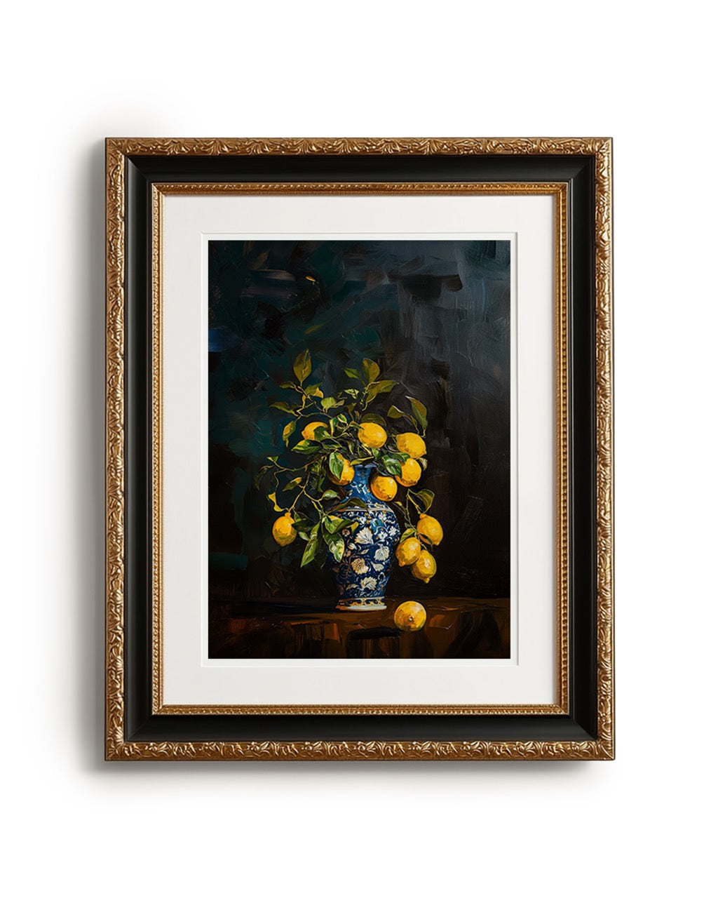 Framed artwork of a still life with lemons and a vase on a dark background