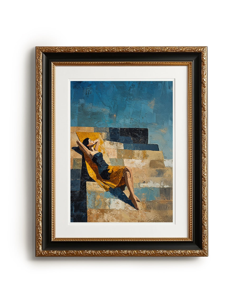 Framed artwork of a woman in a dress sitting on a wall with abstract design.