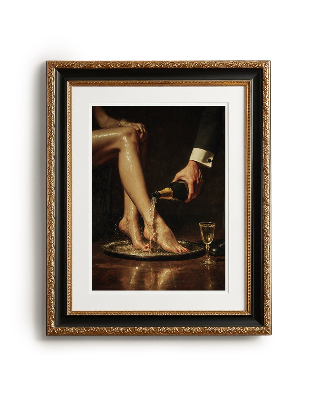 Framed artwork of a person pouring champagne onto another's feet.