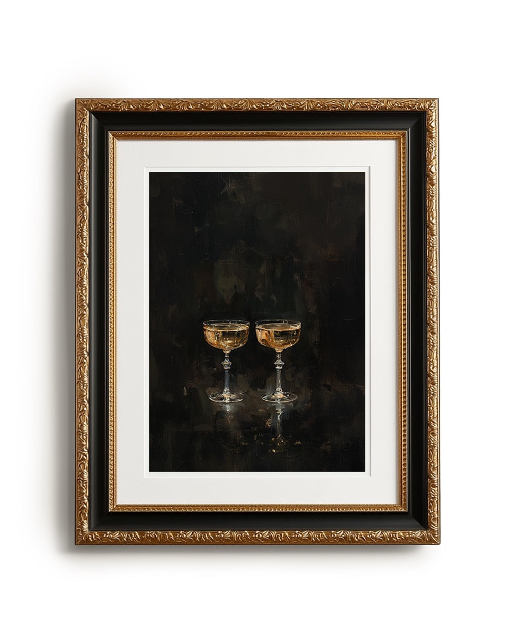 Framed artwork of two gold goblets on a dark background
