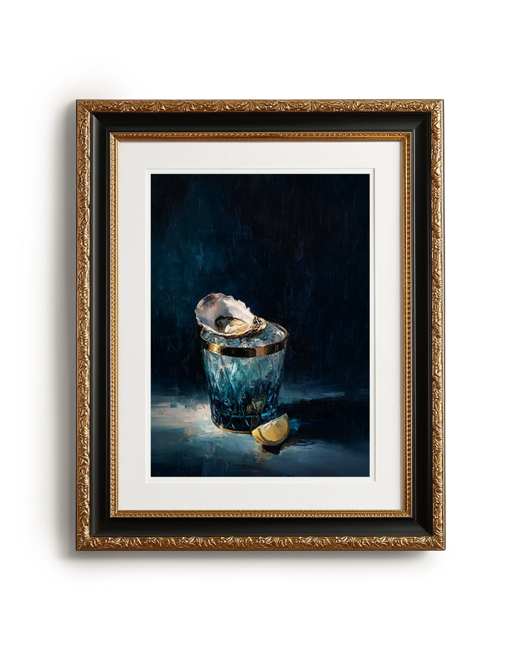 luxury still life oil painting of an oyster on ice in a blue cut glass vessel with lemon slice, dark moody background, elegant wall art
