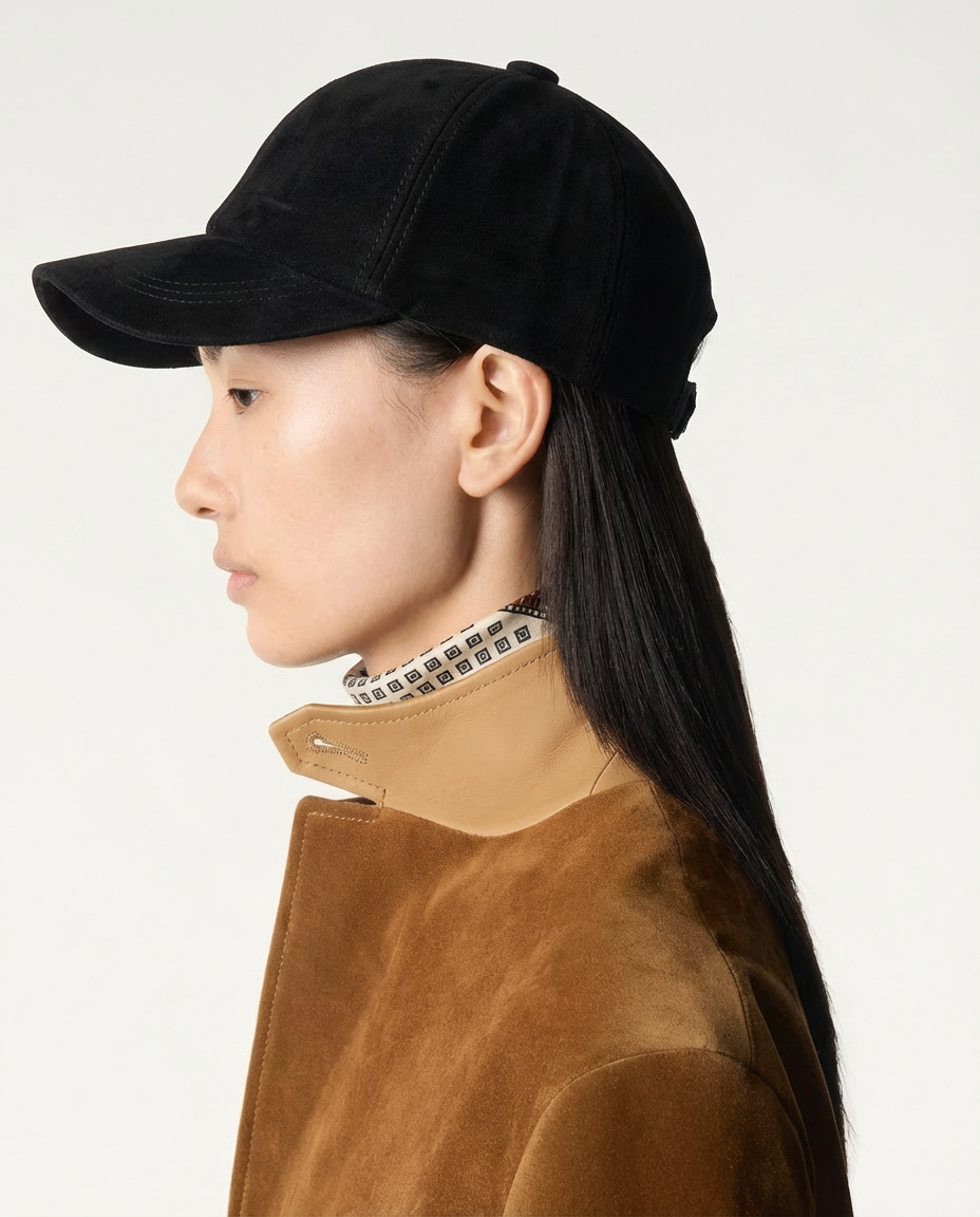 Person wearing a black cap and brown jacket on a white background