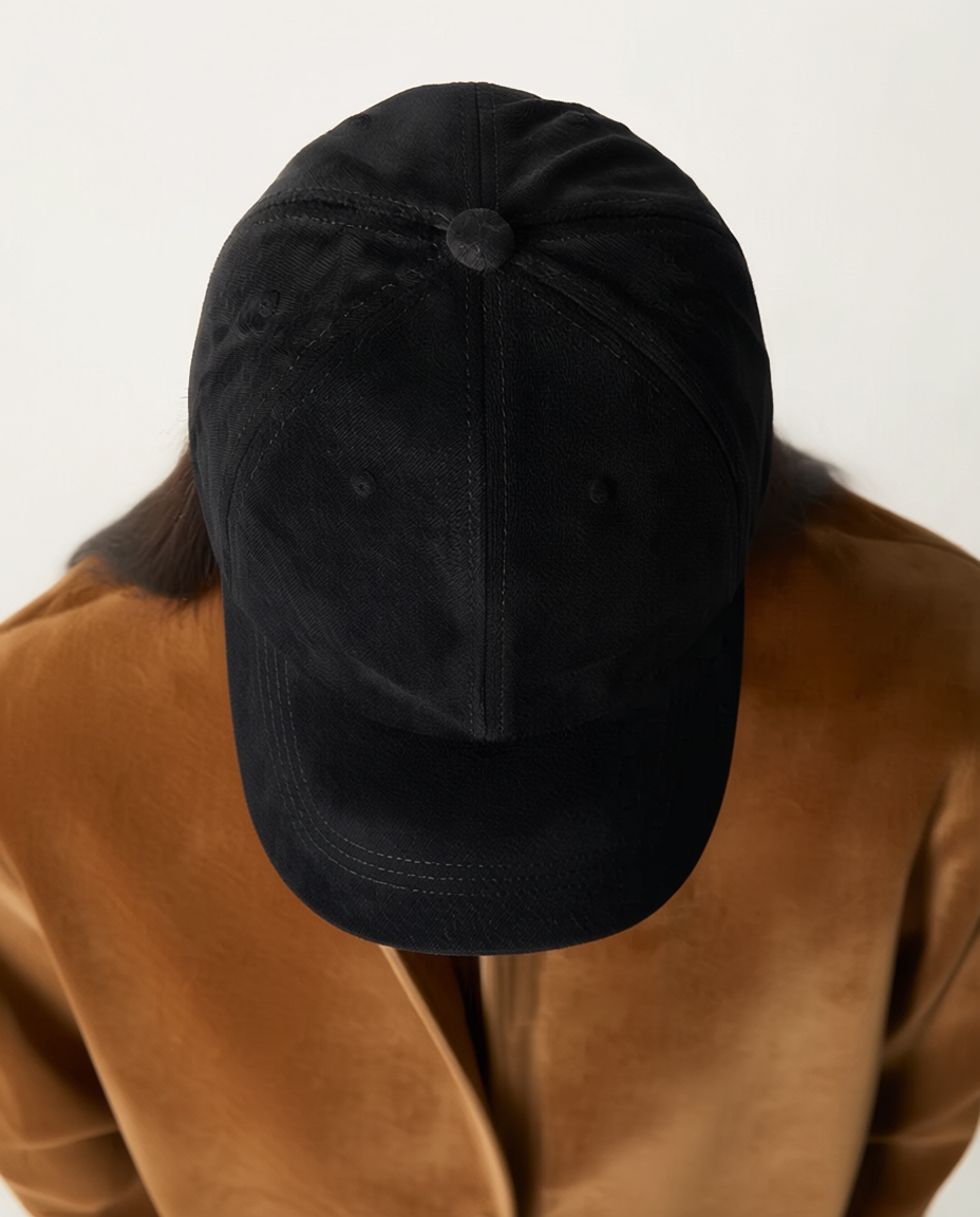 Person wearing a black cap and brown jacket on a white background