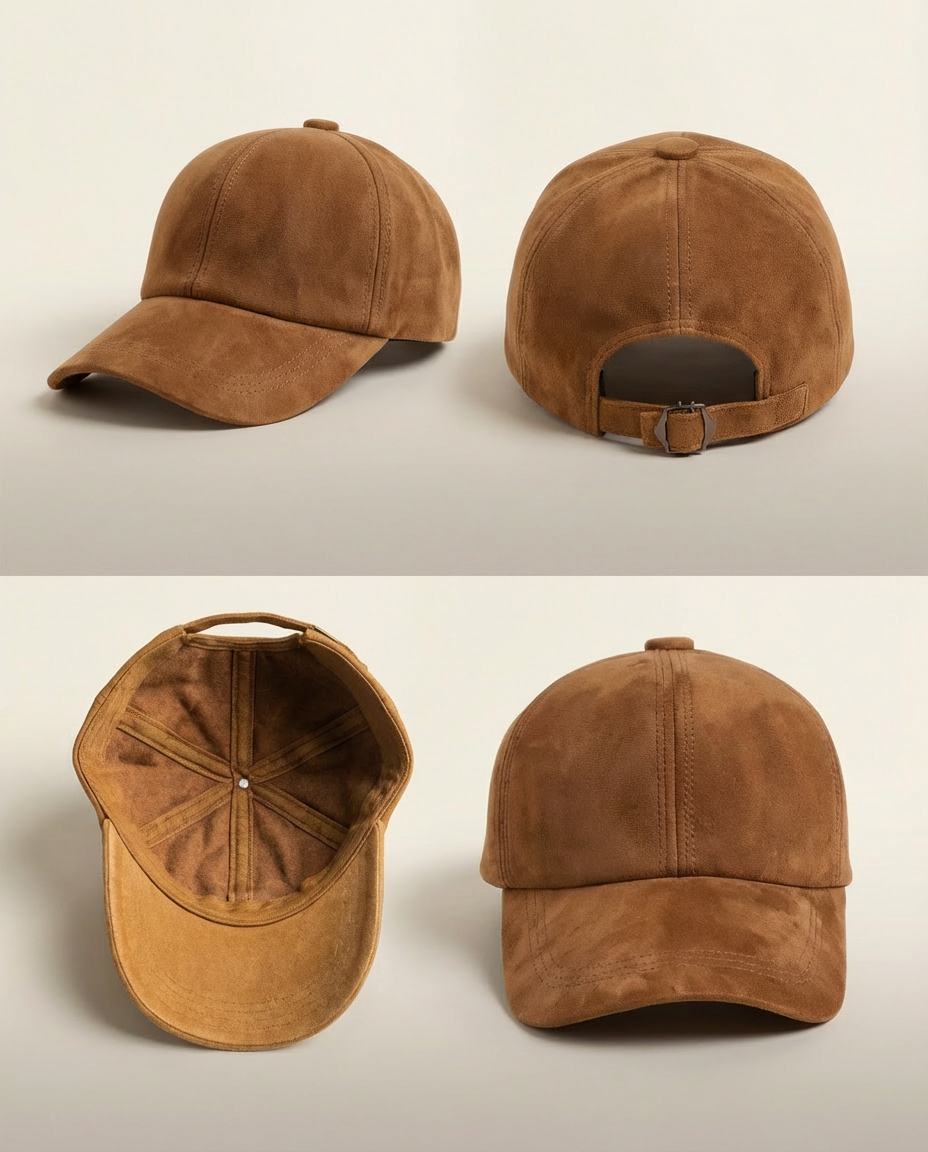 Brown suede baseball cap shown from multiple angles on a light gray background