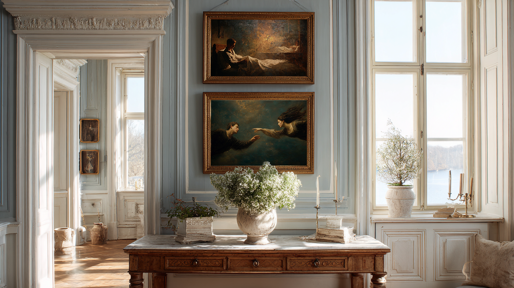 oil style landscape painting of a man reaching toward a woman in an ethereal scene, romantic figurative artwork inspired by classical frescoes, symbolising longing and emotional distance