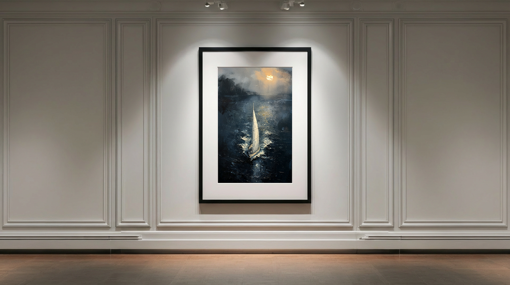 Framed nautical oil-style artwork titled Nocturne for a Moving Sea displayed in an elegant gallery interior with white panelled walls and soft overhead lighting.