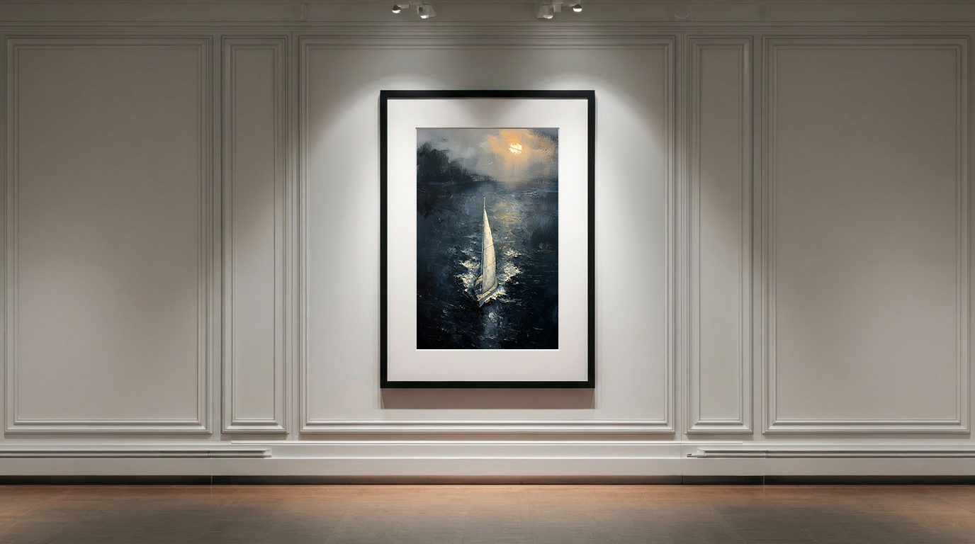 Framed nautical oil-style artwork titled Nocturne for a Moving Sea displayed in an elegant gallery interior with white panelled walls and soft overhead lighting.