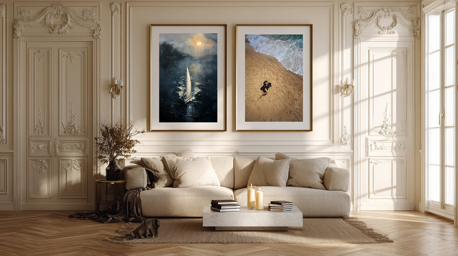 Framed sailboat artwork above a wooden console table in a modern interior