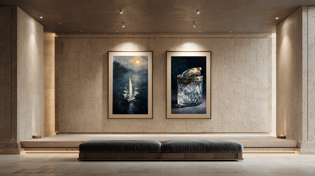 Nocturne for a Moving Sea – oil artwork in a black frame with white matt on a gallery wall