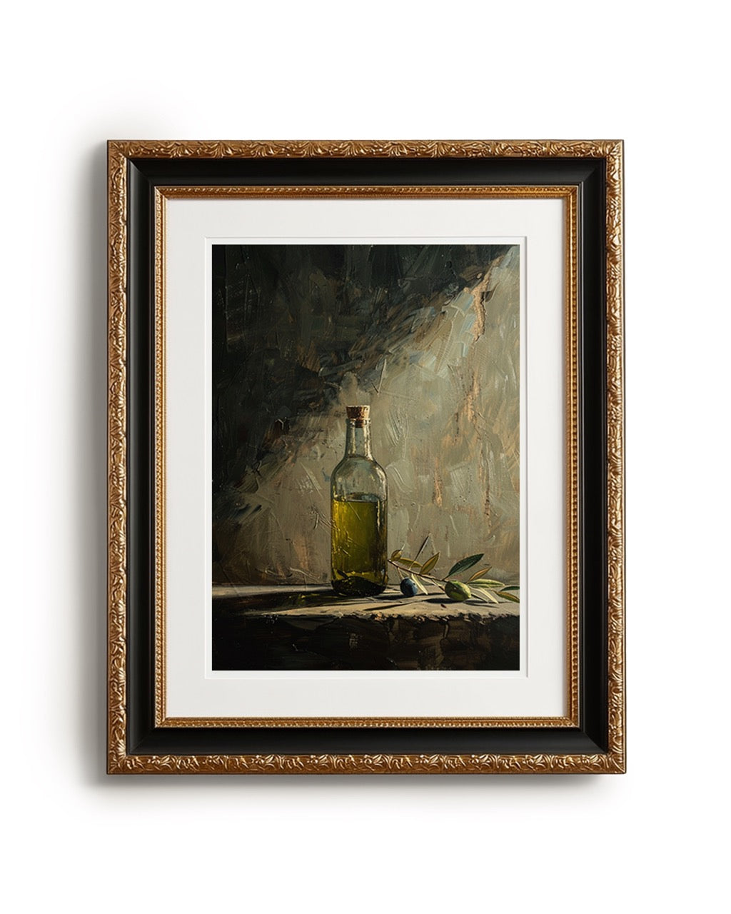 oil style still life painting of a bottle of olive oil with olives on a table, warm textured artwork in classical European style