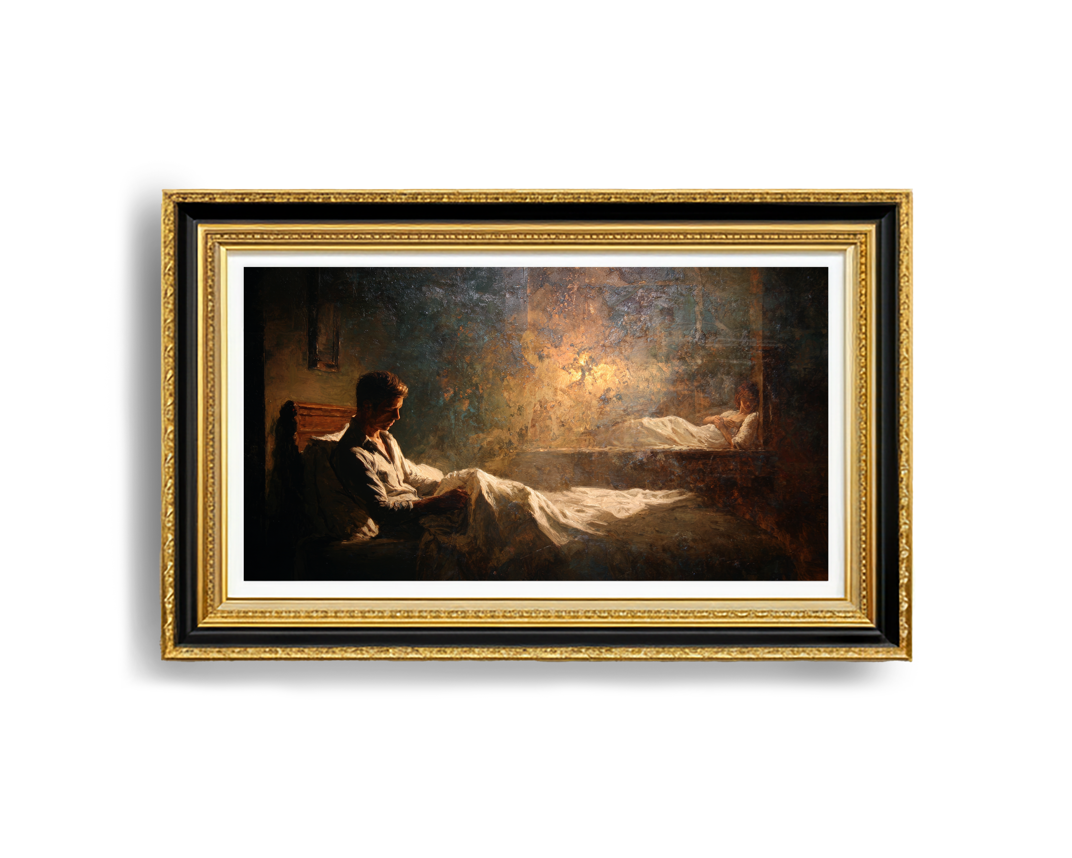 Romantic oil style painting of a man in warm lamplight and a woman resting in soft shadows across the room, cinematic landscape composition.