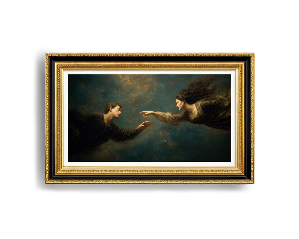 oil style landscape painting of a man reaching toward a woman in an ethereal scene, romantic figurative artwork inspired by classical frescoes, symbolising longing and emotional distance