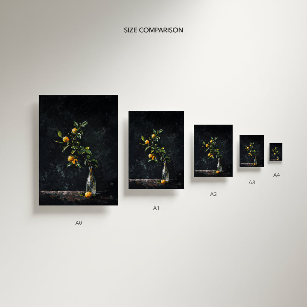 oil style still life painting of a lemon branch in a glass bottle on a dark background, classical textured artwork with vivid yellow citrus