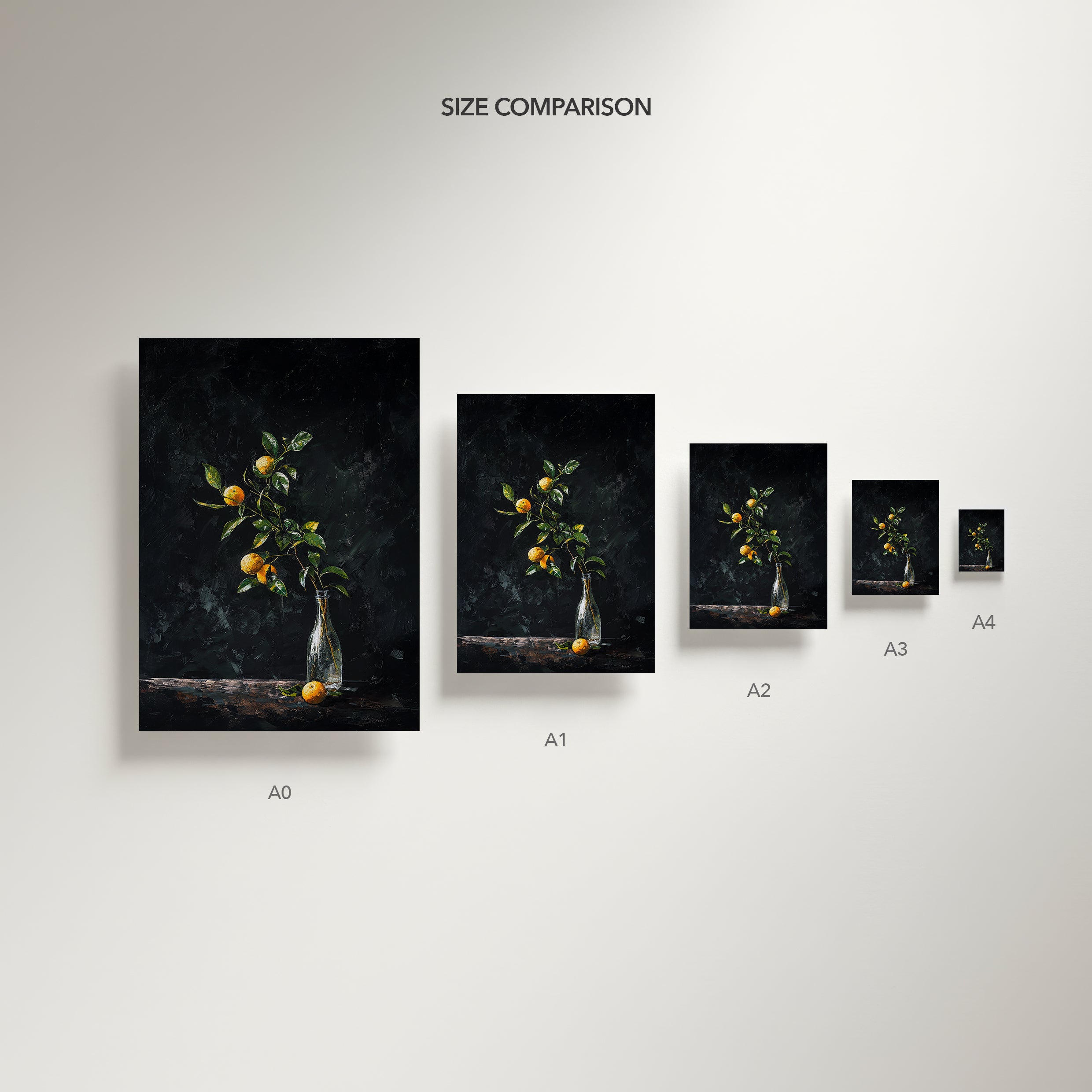 oil style still life painting of a lemon branch in a glass bottle on a dark background, classical textured artwork with vivid yellow citrus