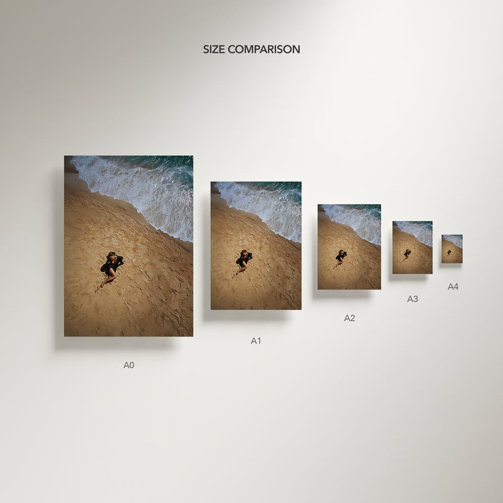 Size comparison chart of beach scenes with different sizes labeled A0 to A4.