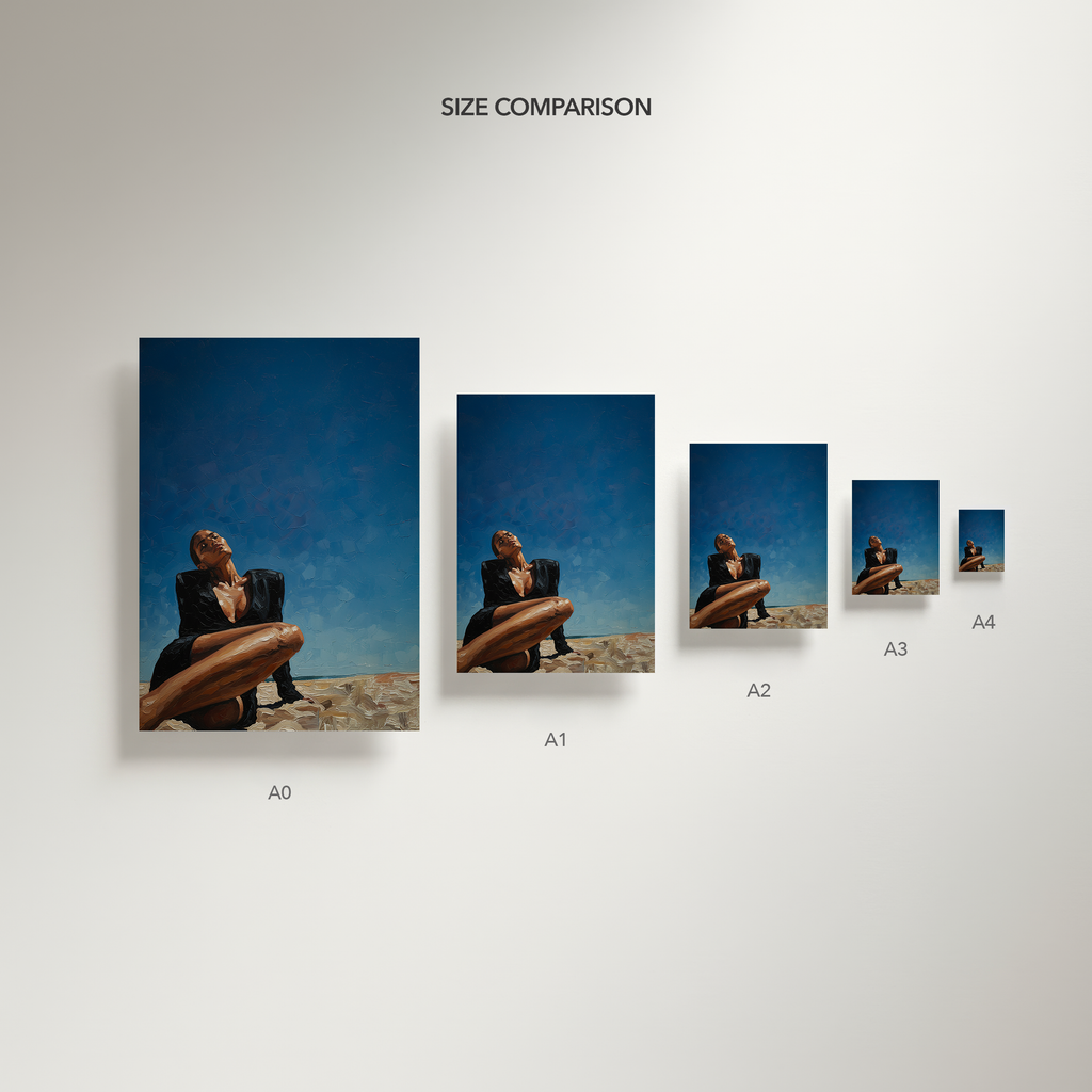 Size comparison chart of prints with a person on a beach.