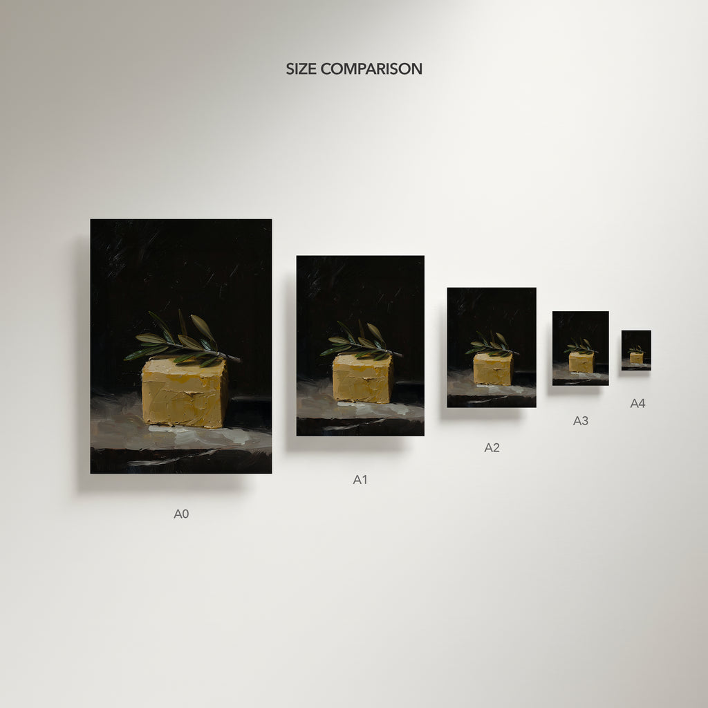 oil style still life painting of a butter block topped with an olive branch on a dark background, classical textured artwork with warm light