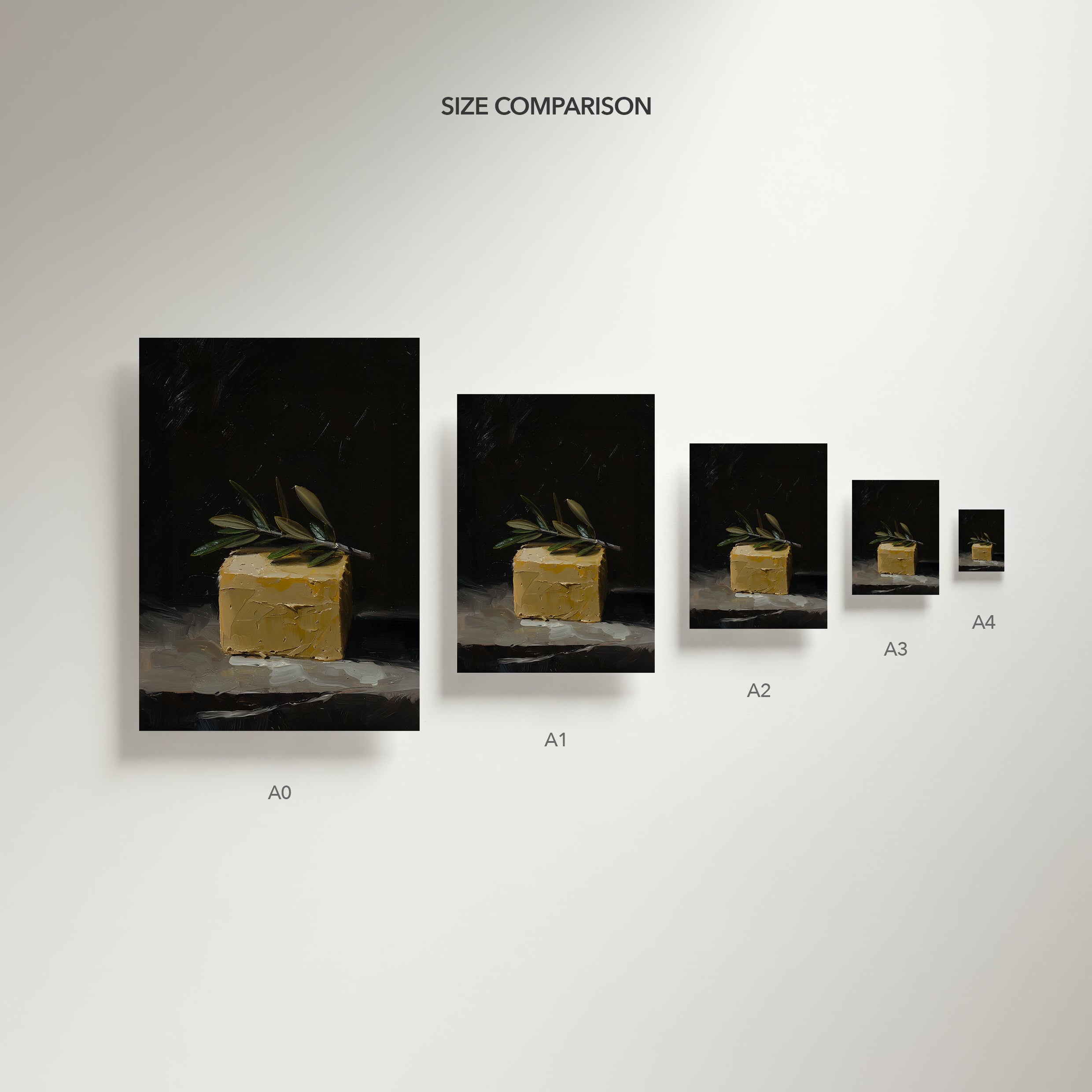 oil style still life painting of a butter block topped with an olive branch on a dark background, classical textured artwork with warm light