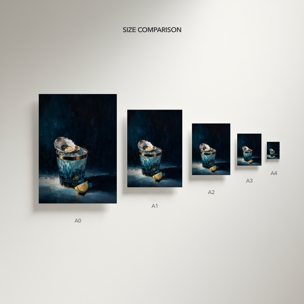 luxury still life oil painting of an oyster on ice in a blue cut glass vessel with lemon slice, dark moody background, elegant wall art
