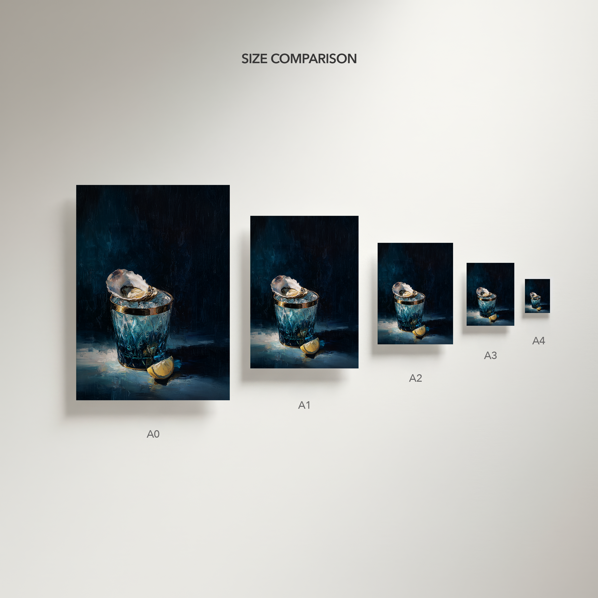 luxury still life oil painting of an oyster on ice in a blue cut glass vessel with lemon slice, dark moody background, elegant wall art
