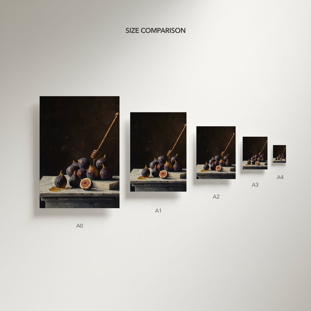 oil style still life painting of figs on marble with honey dripping from a wooden dipper, dark background and rich classical lighting