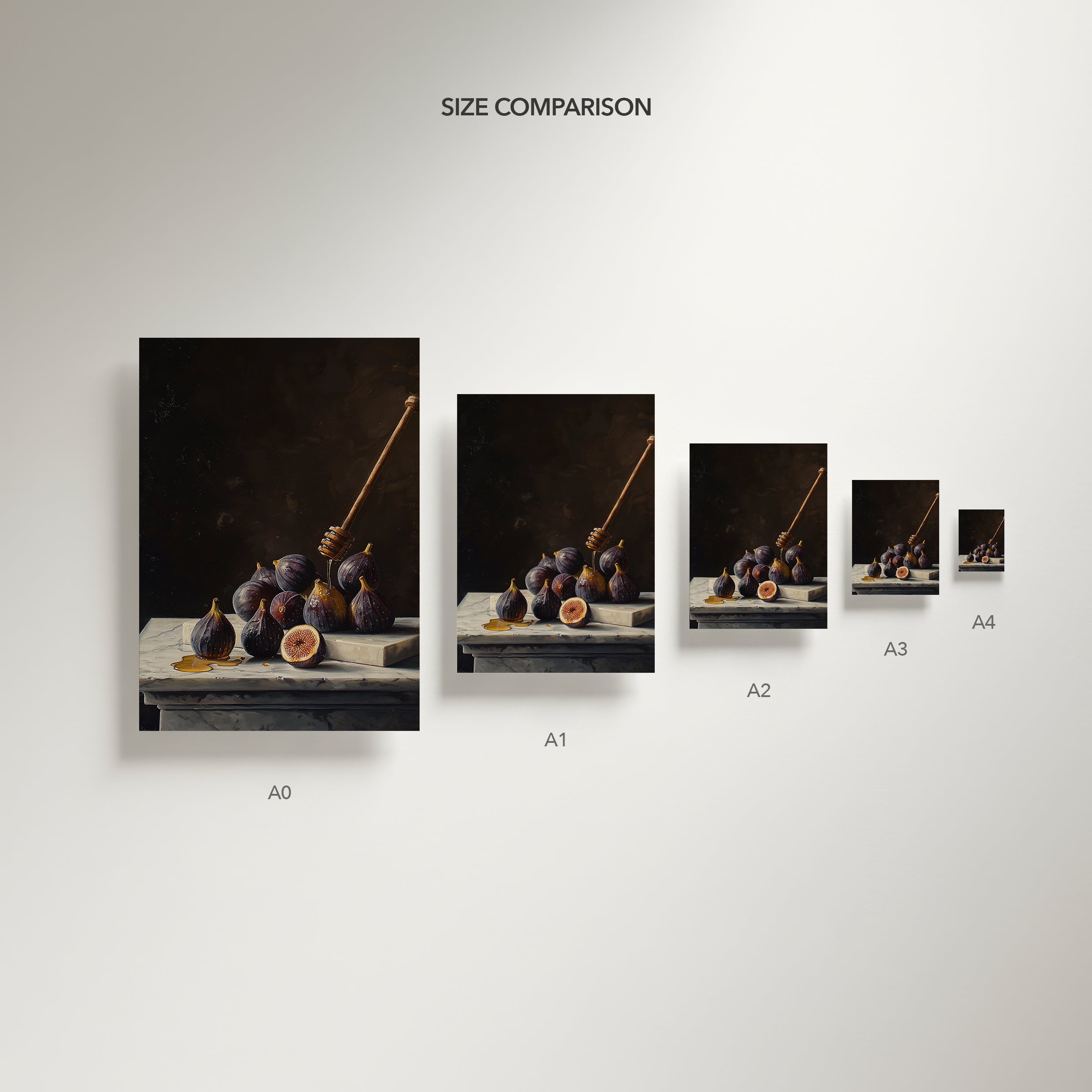 oil style still life painting of figs on marble with honey dripping from a wooden dipper, dark background and rich classical lighting