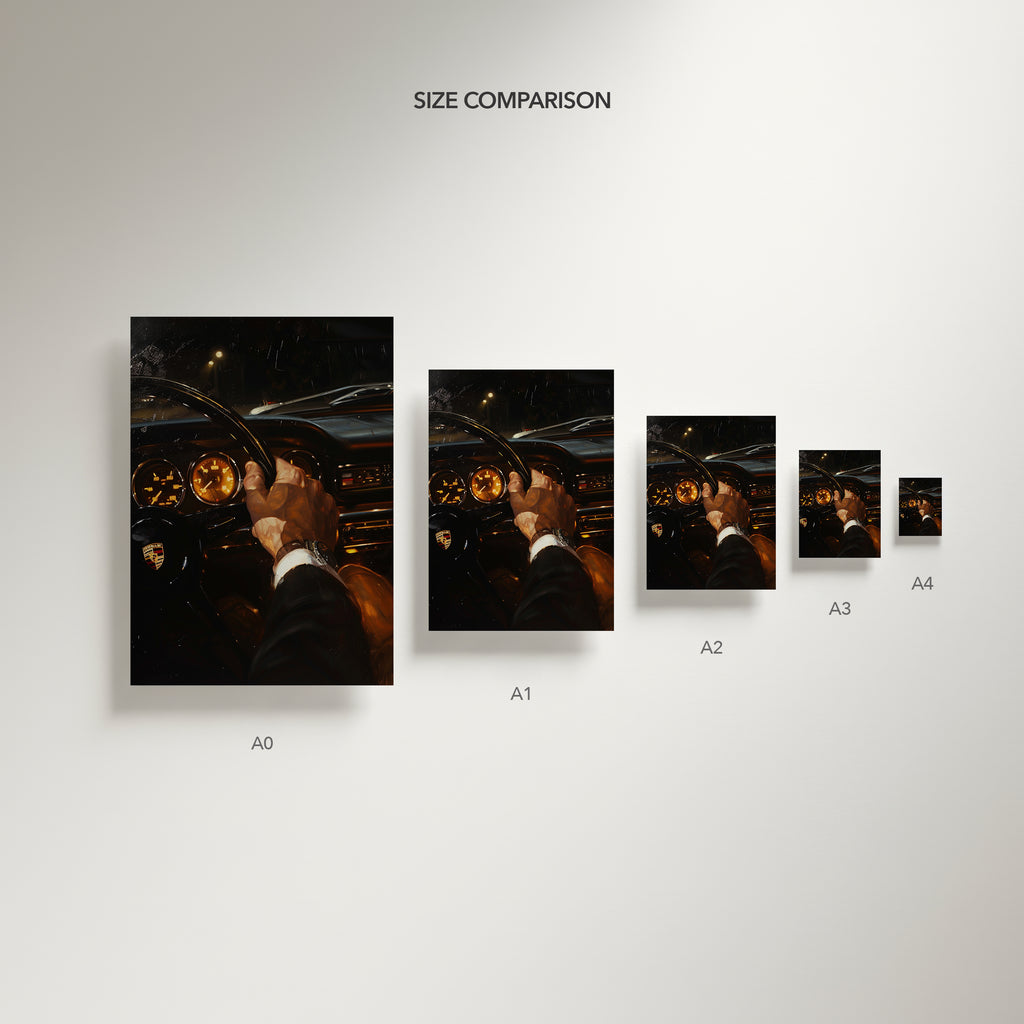 Size comparison chart of framed images on a white wall.