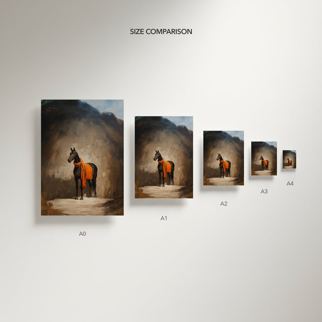 Set of five horse paintings of different sizes on a gray background