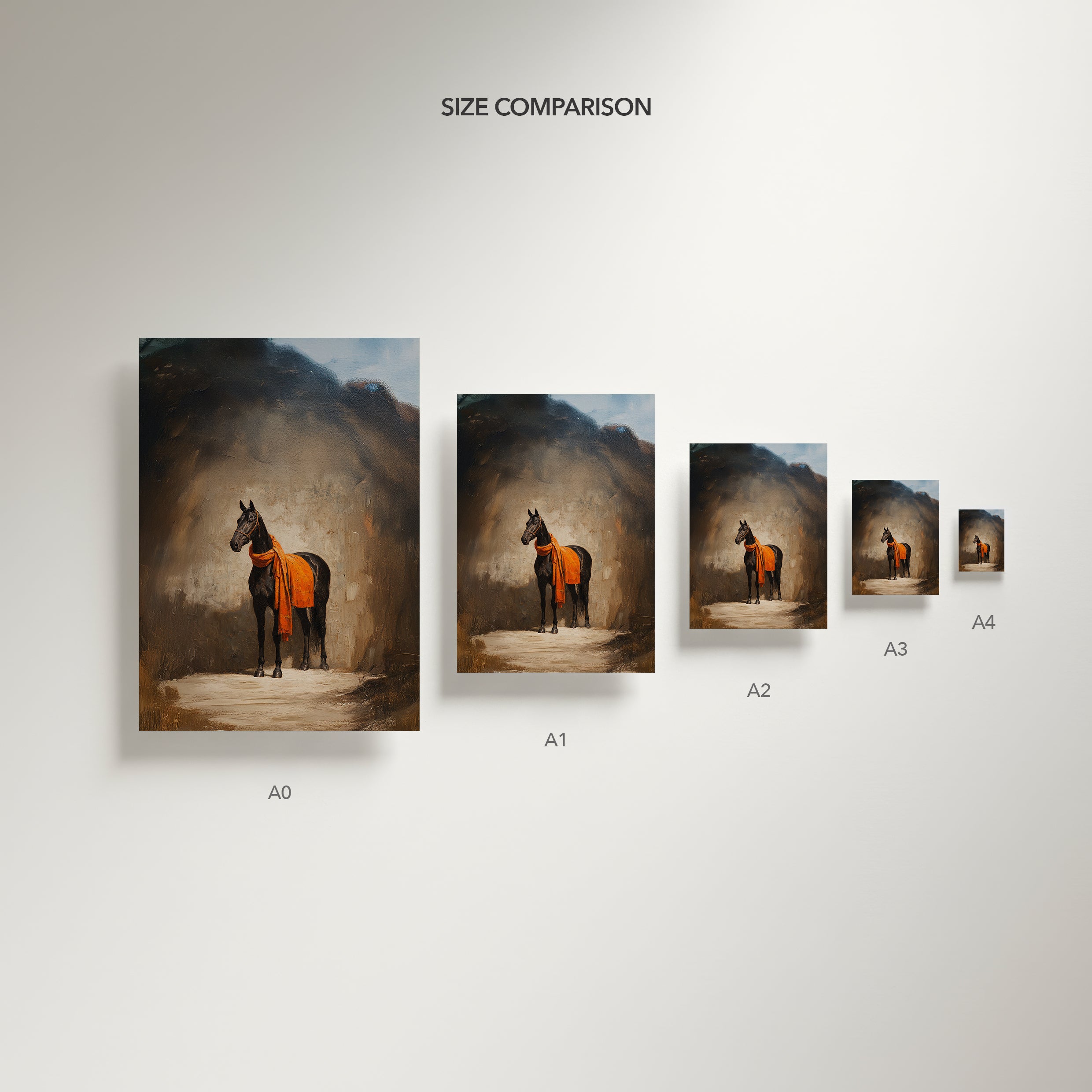 Set of five horse paintings of different sizes on a gray background