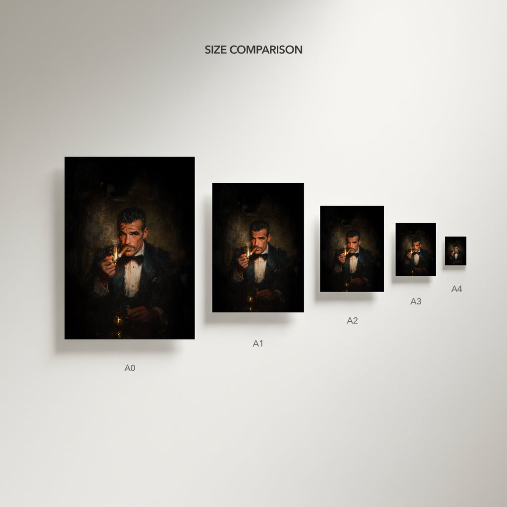 Size comparison chart of framed artworks on a white wall.