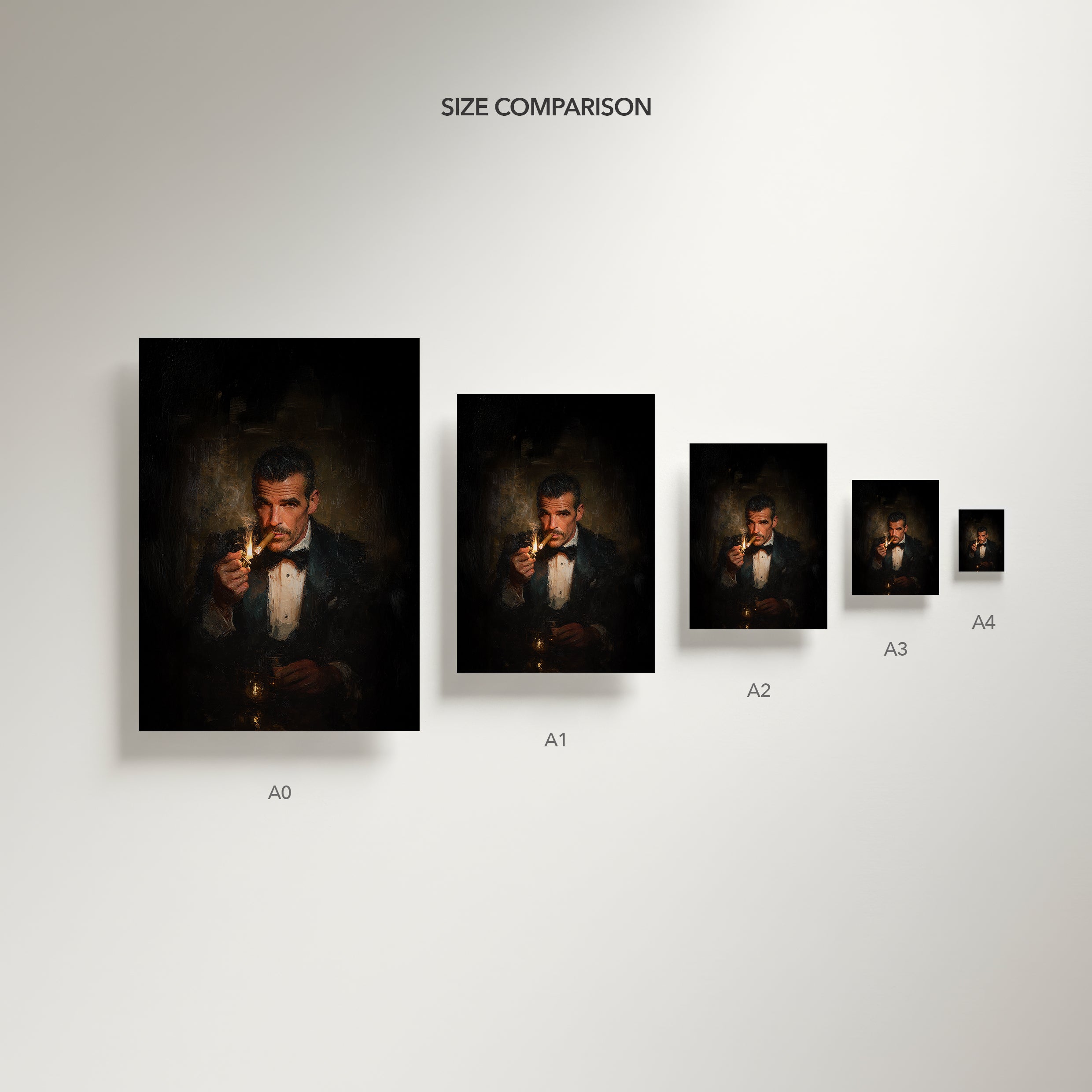 Size comparison chart of framed artworks on a white wall.