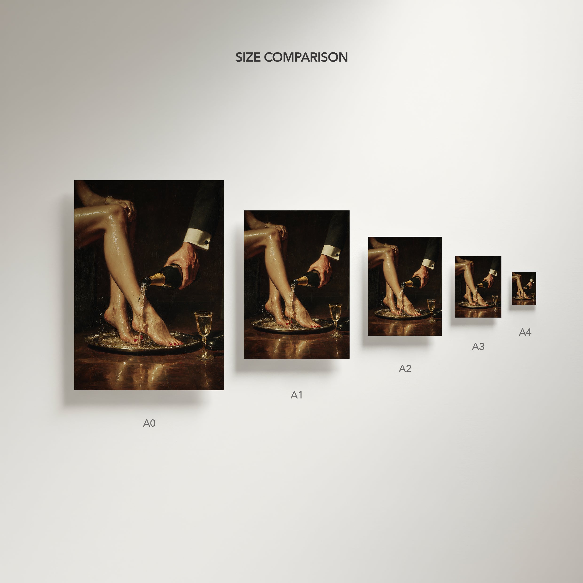 Size comparison chart for prints of a painting showing different sizes labeled A0 to A4.
