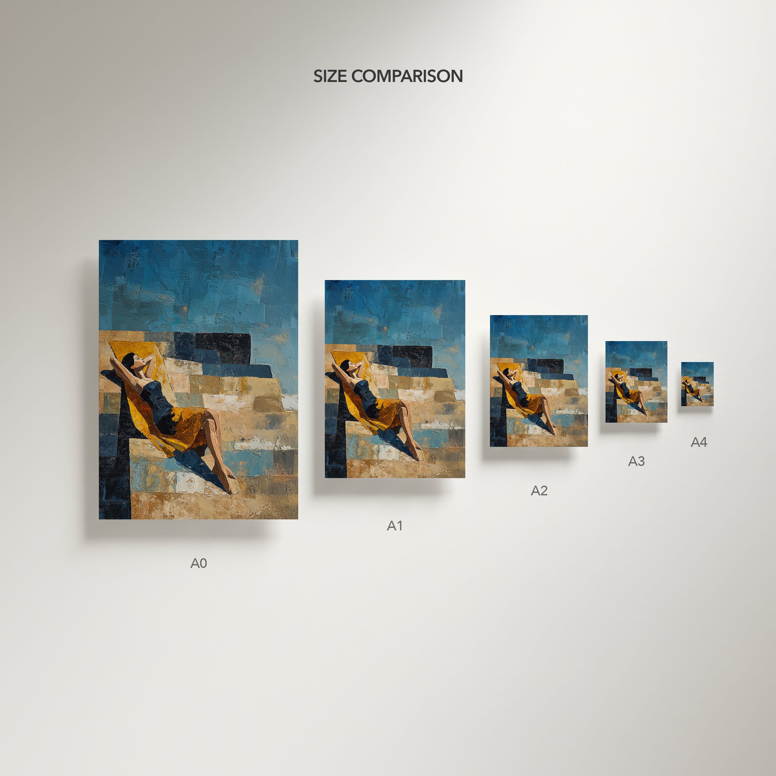 Set of five art prints labeled A0 to A4 on a white wall.