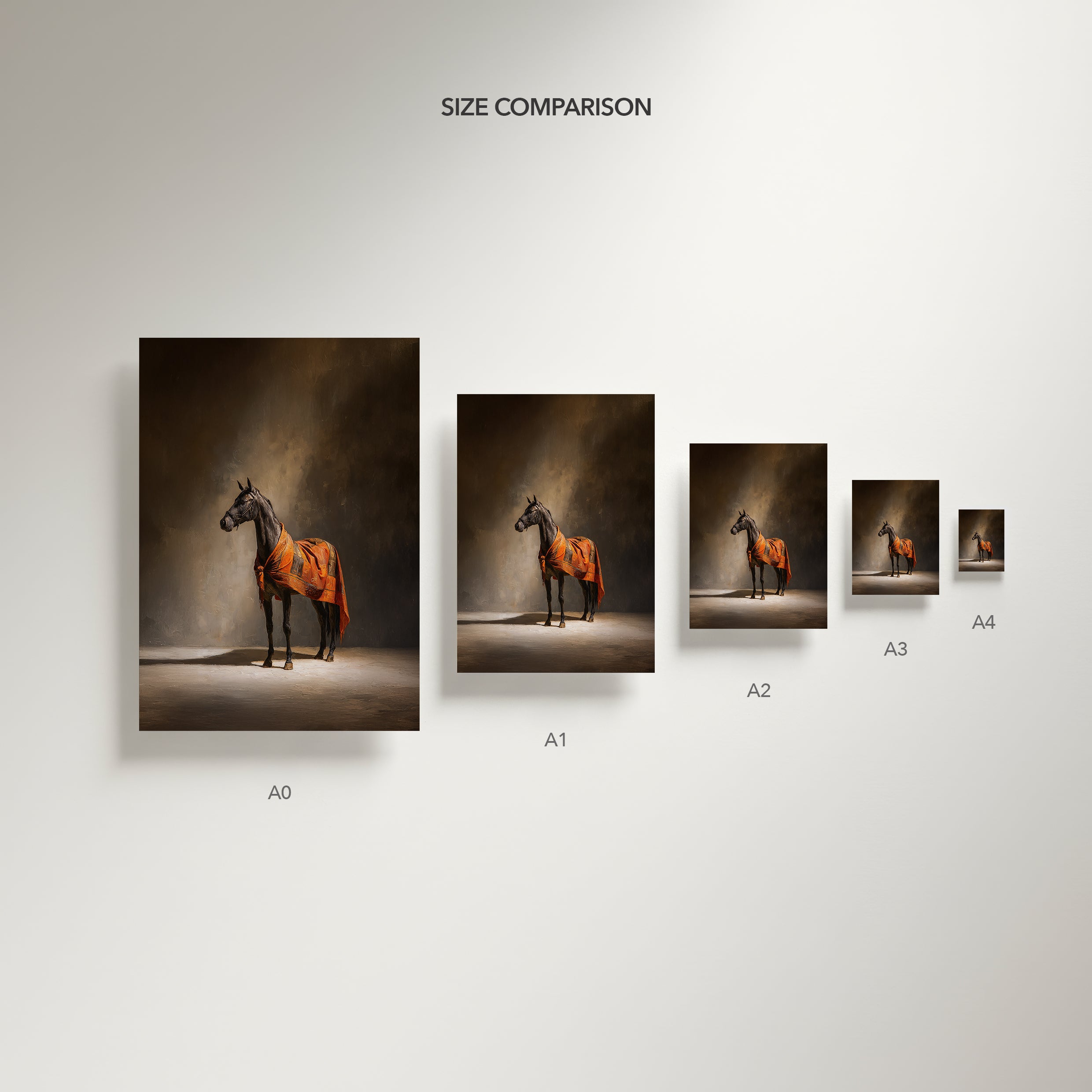 Size comparison chart of horse portraits on a plain background