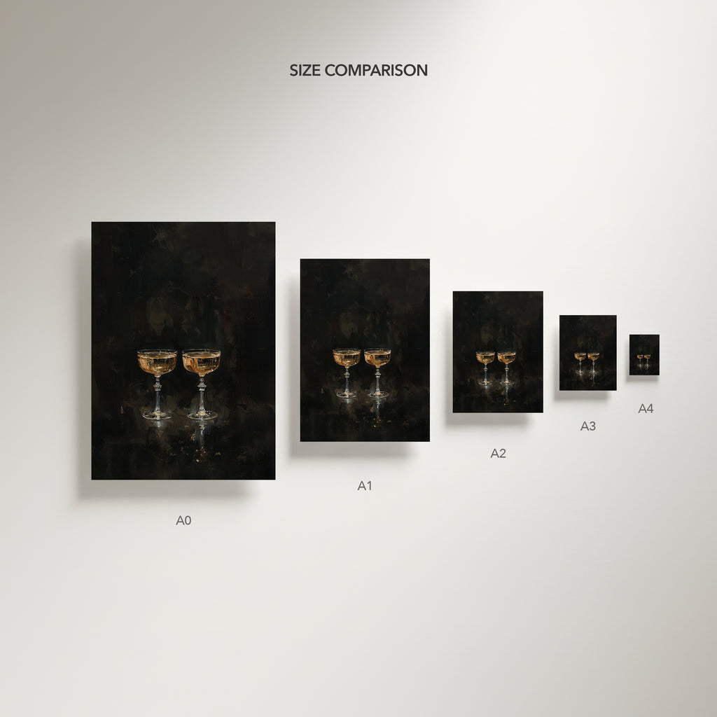 Size comparison chart of framed artworks on a plain wall.