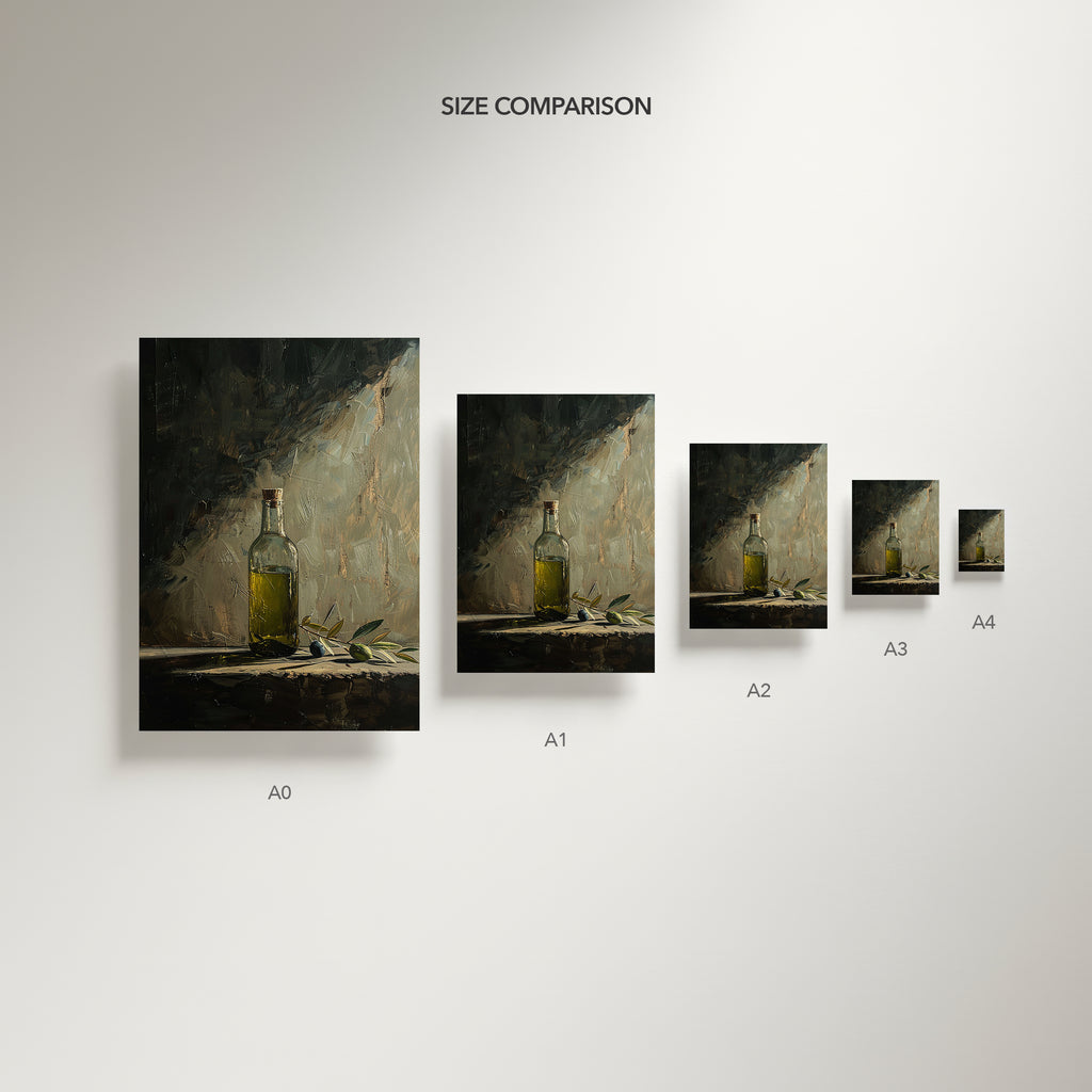 oil style still life painting of a bottle of olive oil with olives on a table, warm textured artwork in classical European style